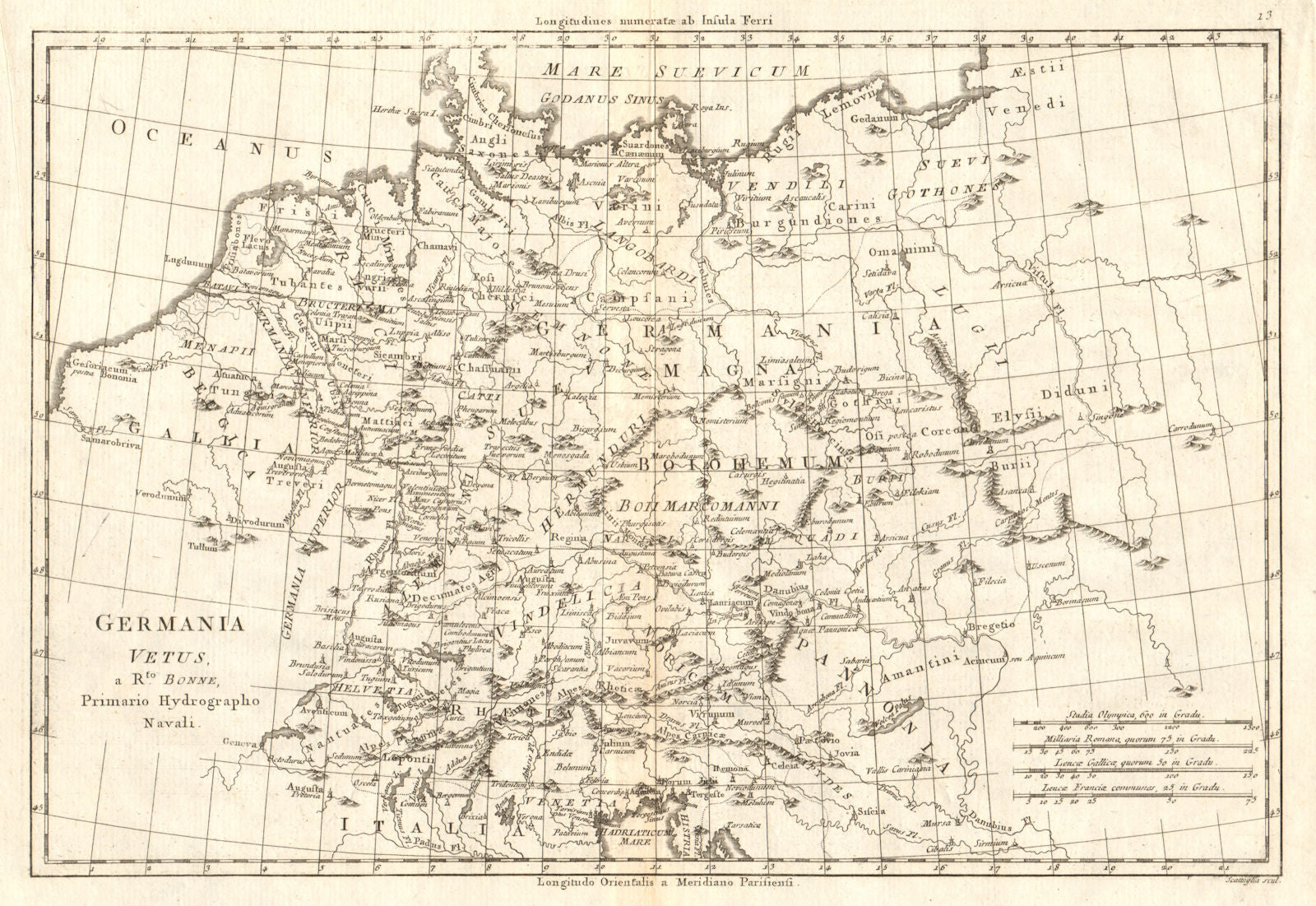Germania Vetus. Ancient Germany. Netherlands Switzerland. BONNE 1789 old map